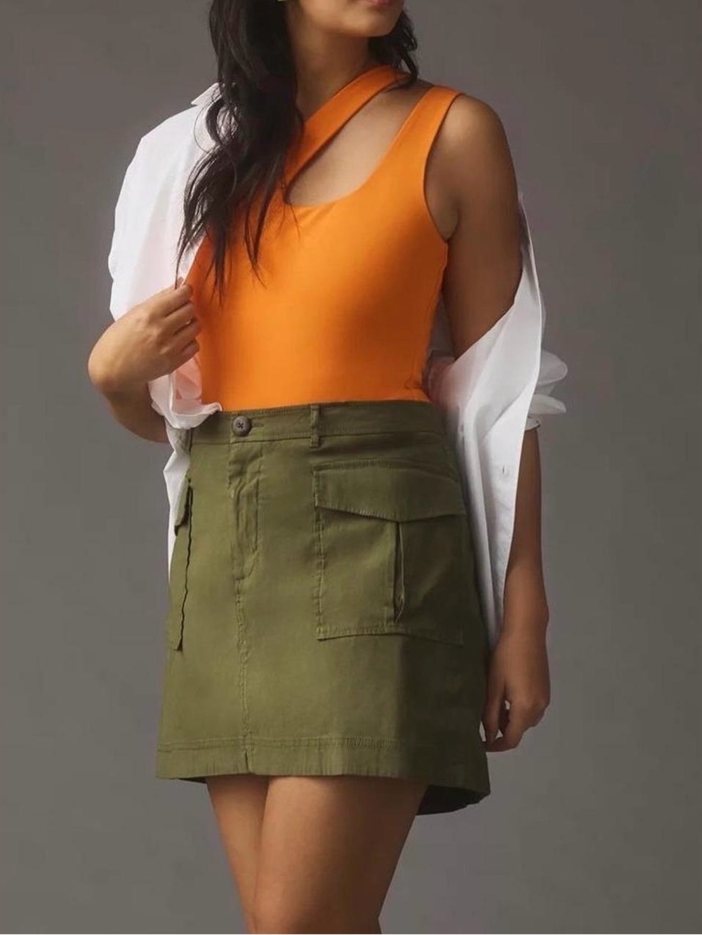 Anthropologie Maeve Medium Olive Green Linen‎ Blend Utility Cargo Mini Skirt